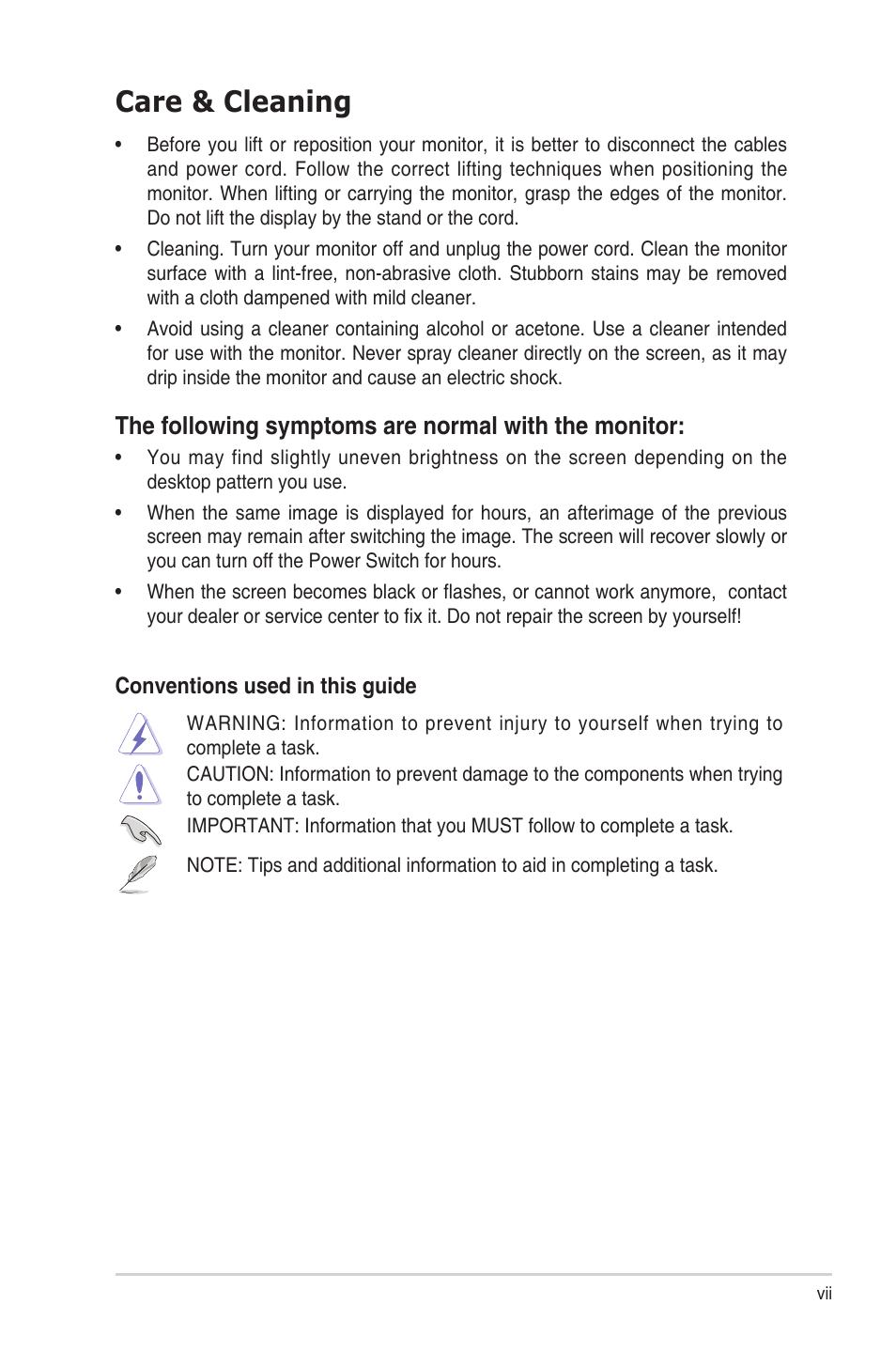 Care & cleaning, The following symptoms are normal with the monitor | Asus VA27DQ 27" 16:9 FreeSync Eye Care IPS Monitor User Manual | Page 7 / 36