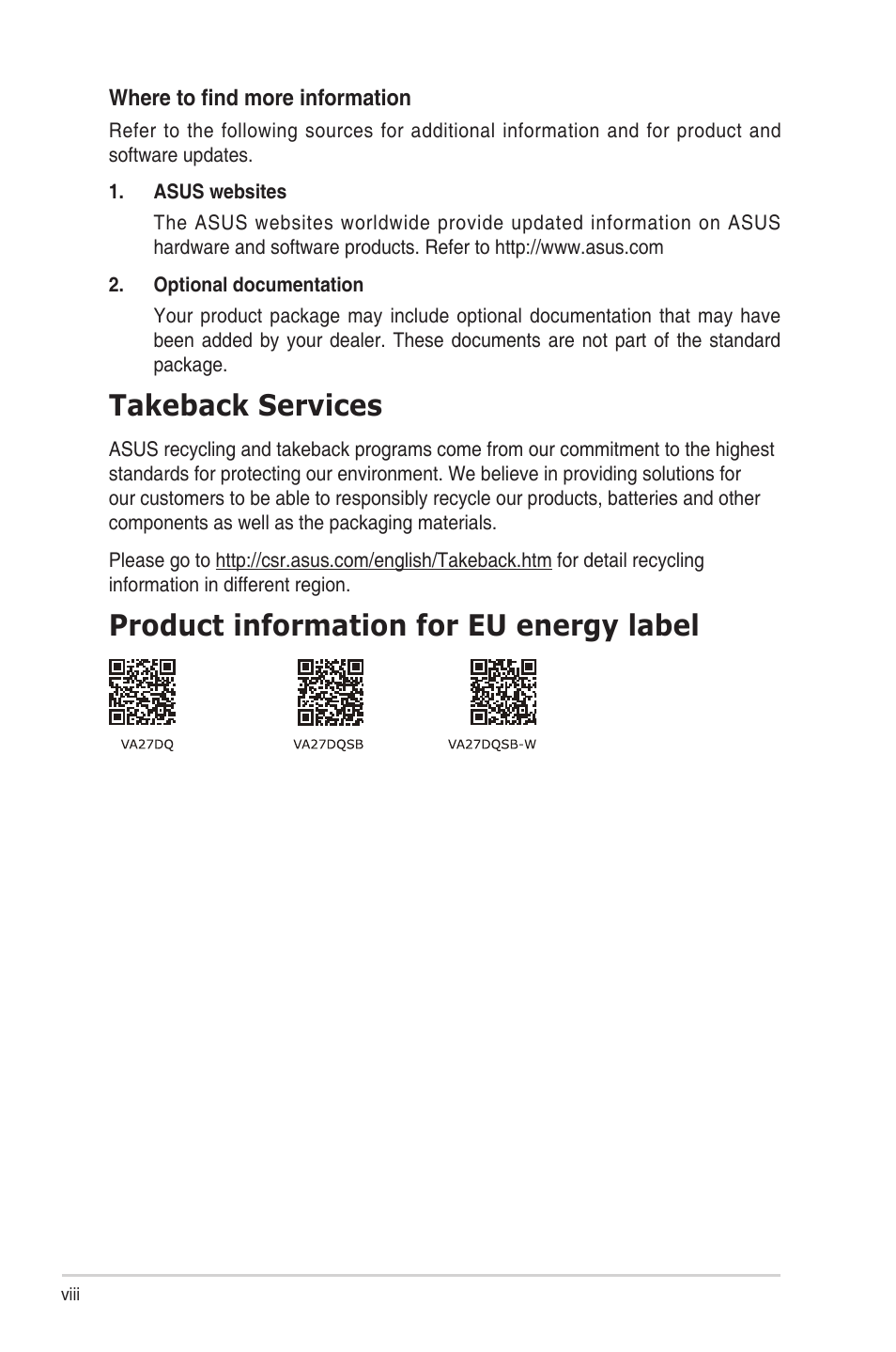 Takeback services, Product information for eu energy label | Asus VA27DQ 27" 16:9 FreeSync Eye Care IPS Monitor User Manual | Page 8 / 36