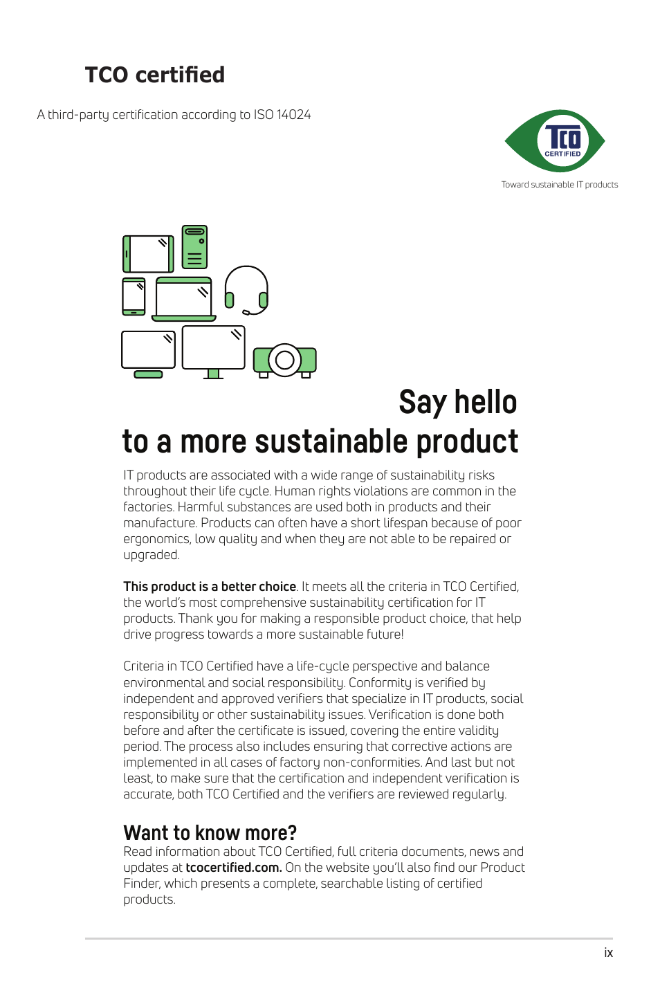 Tco certified, Say hello to a more sustainable product, Want to know more | Asus VA27DQ 27" 16:9 FreeSync Eye Care IPS Monitor User Manual | Page 9 / 36