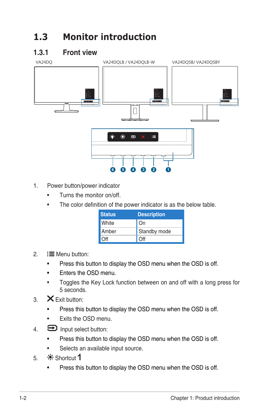 3 monitor introduction, 1 front view, Monitor introduction -2 | Front view -2 | Asus VA24DQSB 23.8" 16:9 FreeSync Eye Care IPS Monitor User Manual | Page 12 / 40