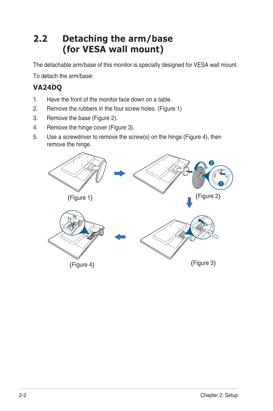 2 detaching the arm/base (for vesa wall mount), Detaching the arm/base (for vesa wall mount) -2 | Asus VA24DQSB 23.8" 16:9 FreeSync Eye Care IPS Monitor User Manual | Page 16 / 40