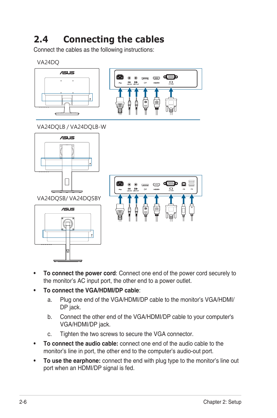 4 connecting the cables, Connecting the cables -6 | Asus VA24DQSB 23.8" 16:9 FreeSync Eye Care IPS Monitor User Manual | Page 20 / 40