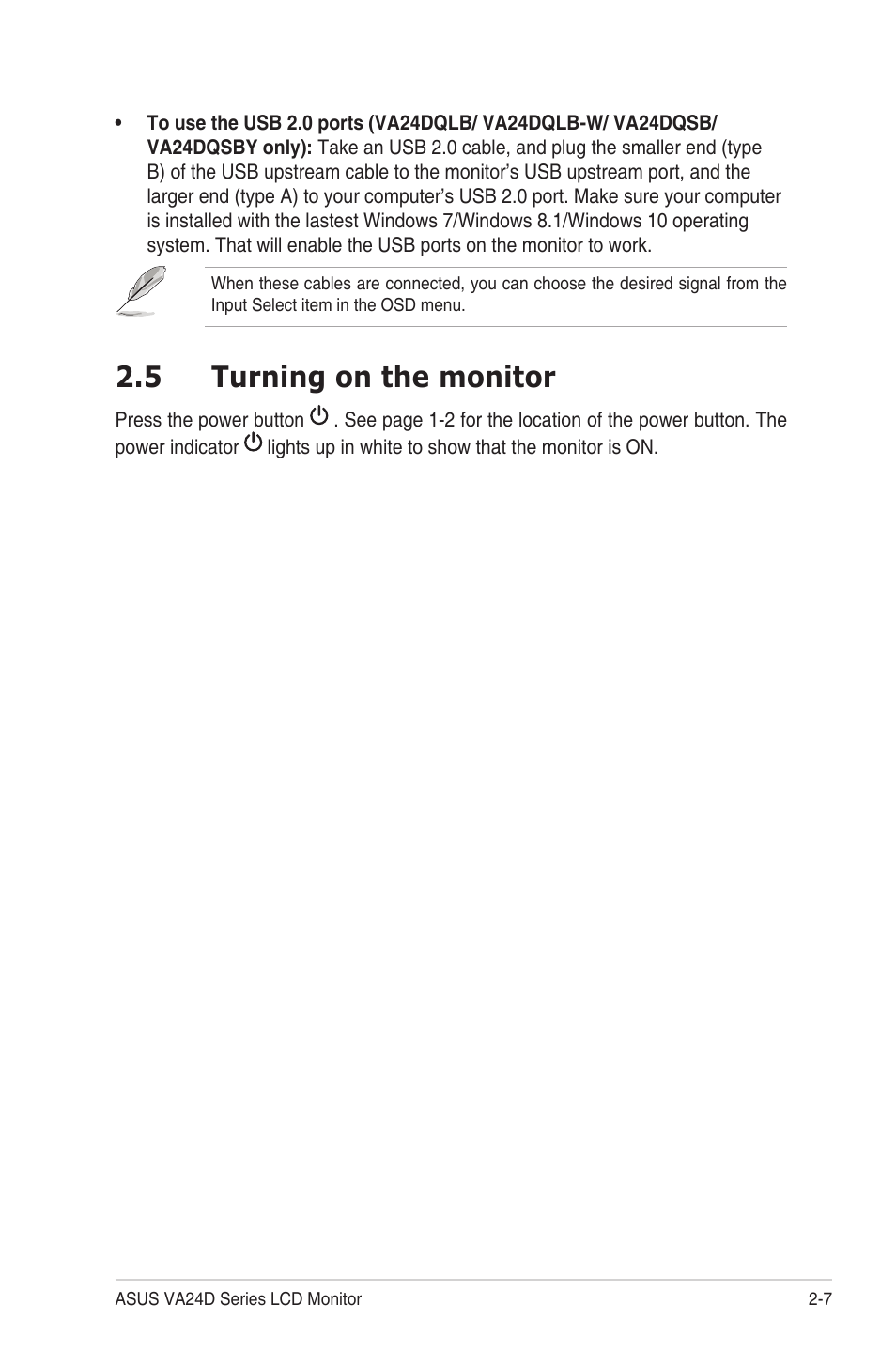 5 turning on the monitor, Turning on the monitor -7 | Asus VA24DQSB 23.8" 16:9 FreeSync Eye Care IPS Monitor User Manual | Page 21 / 40