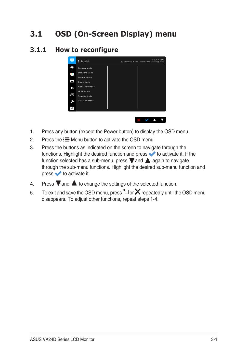 Chapter 3: general instructions, 1 osd (on-screen display) menu, 1 how to reconfigure | Osd (on-screen display) menu -1, How to reconfigure | Asus VA24DQSB 23.8" 16:9 FreeSync Eye Care IPS Monitor User Manual | Page 23 / 40
