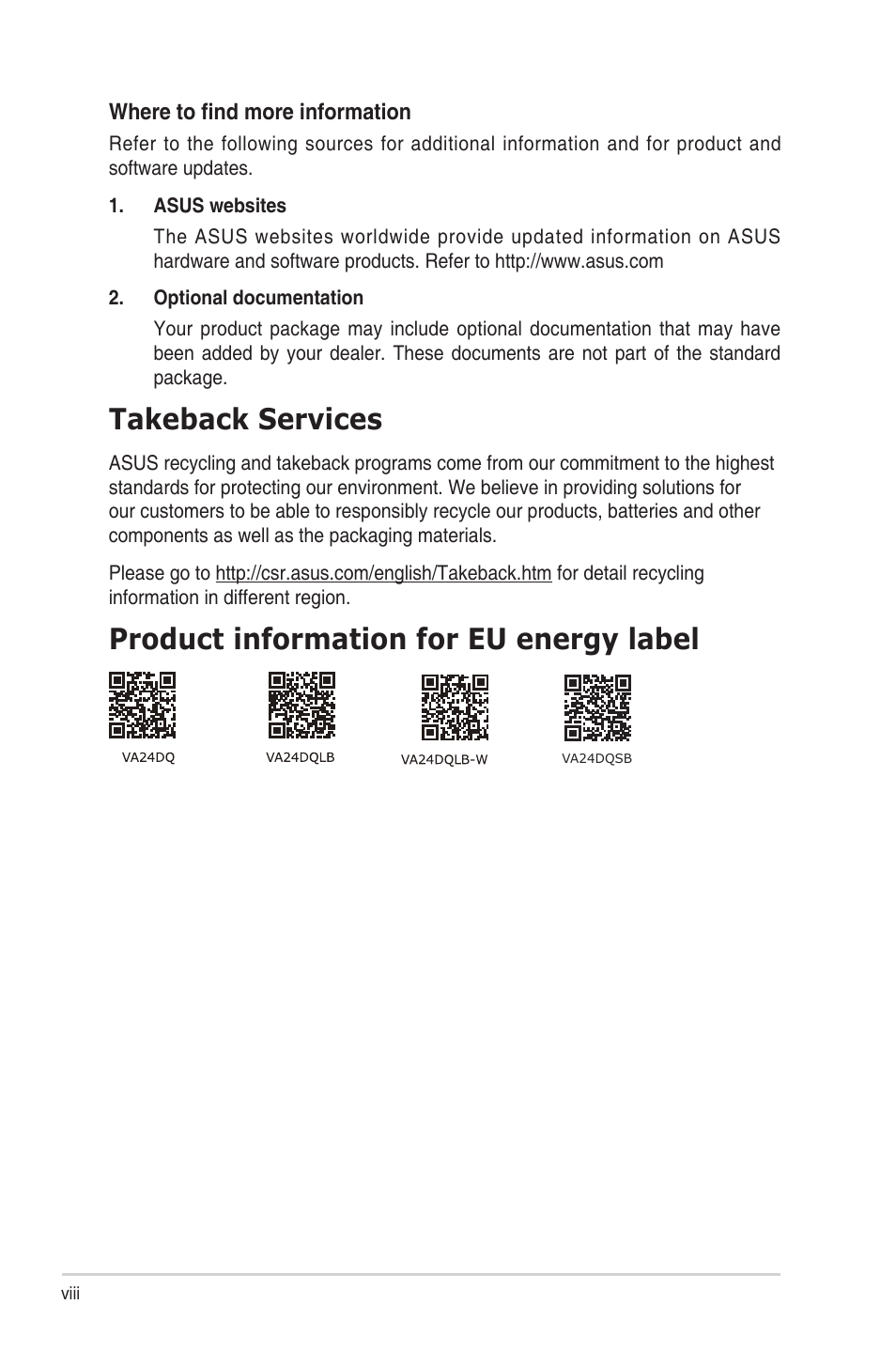 Takeback services, Product information for eu energy label, Say hello to a more sustainable product | Want to know more | Asus VA24DQSB 23.8" 16:9 FreeSync Eye Care IPS Monitor User Manual | Page 8 / 40