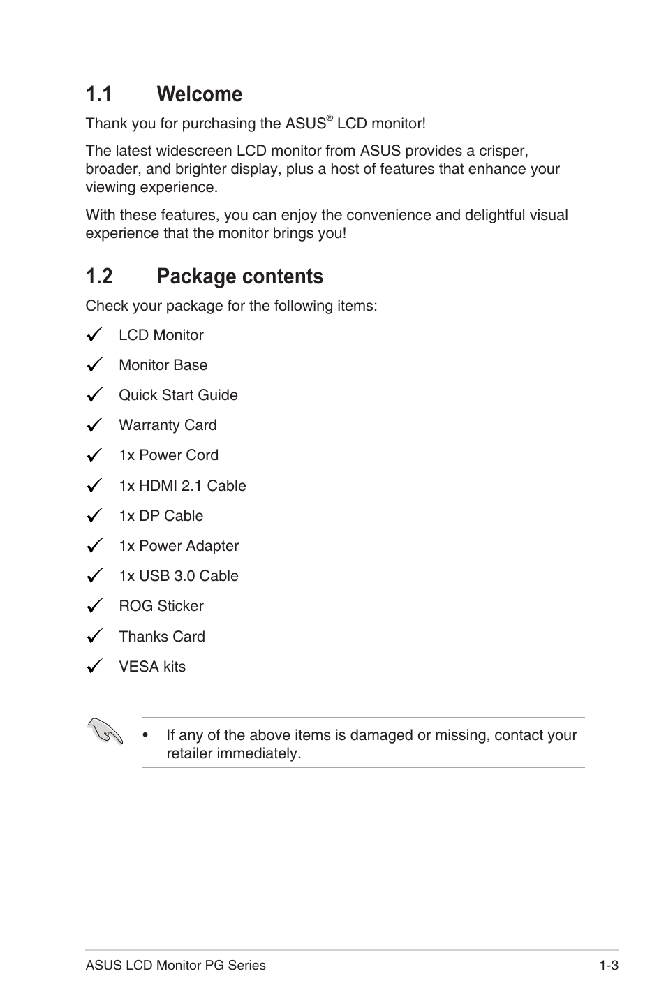 1 welcome, 2 package contents | Asus Republic of Gamers Swift PG32UQR 32" 4K HDR 144 Hz Gaming Monitor User Manual | Page 11 / 32