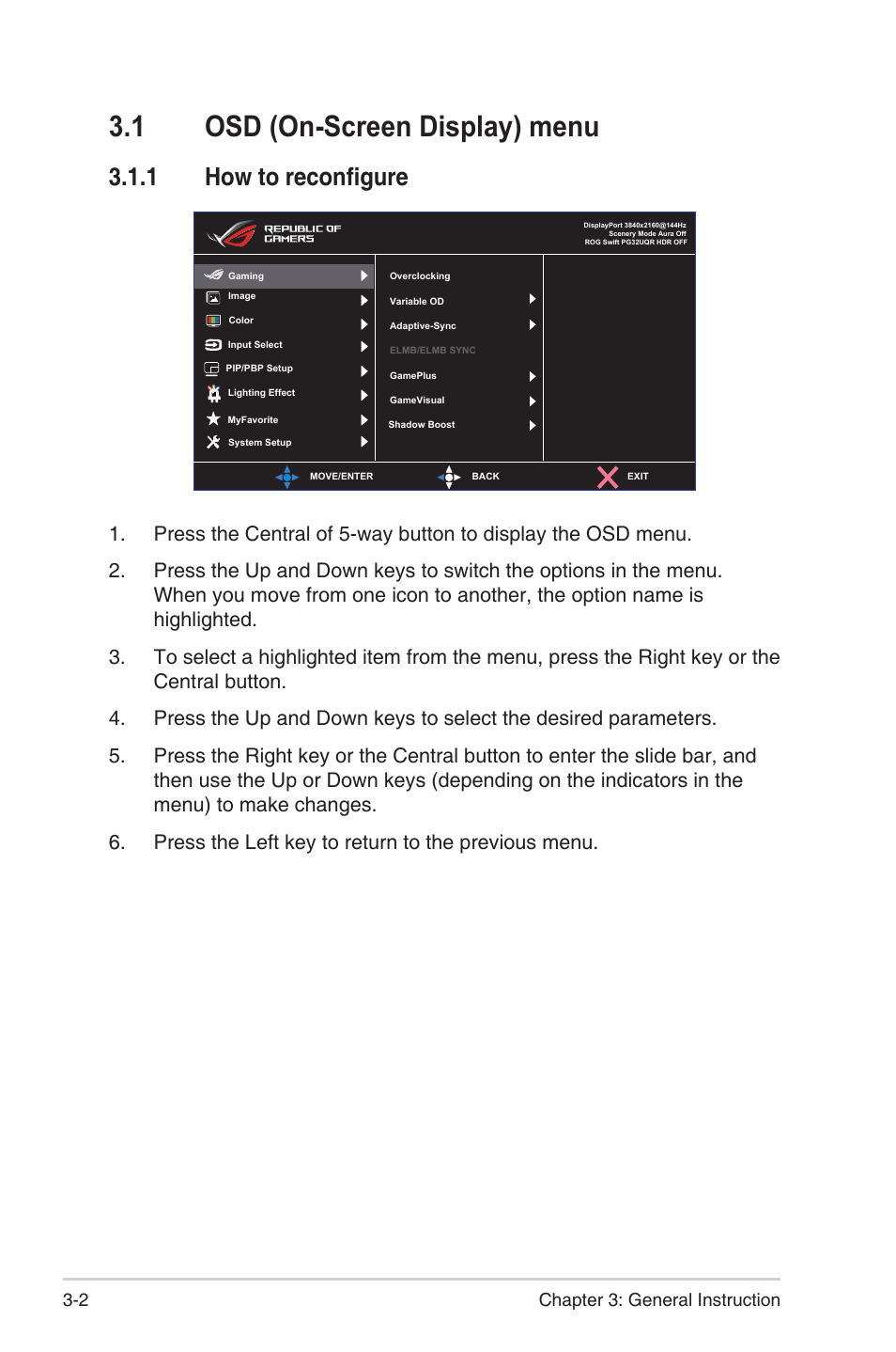 1 osd (on-screen display) menu, 1 how to reconfigure, 2 chapter 3: general instruction | Asus Republic of Gamers Swift PG32UQR 32" 4K HDR 144 Hz Gaming Monitor User Manual | Page 19 / 32