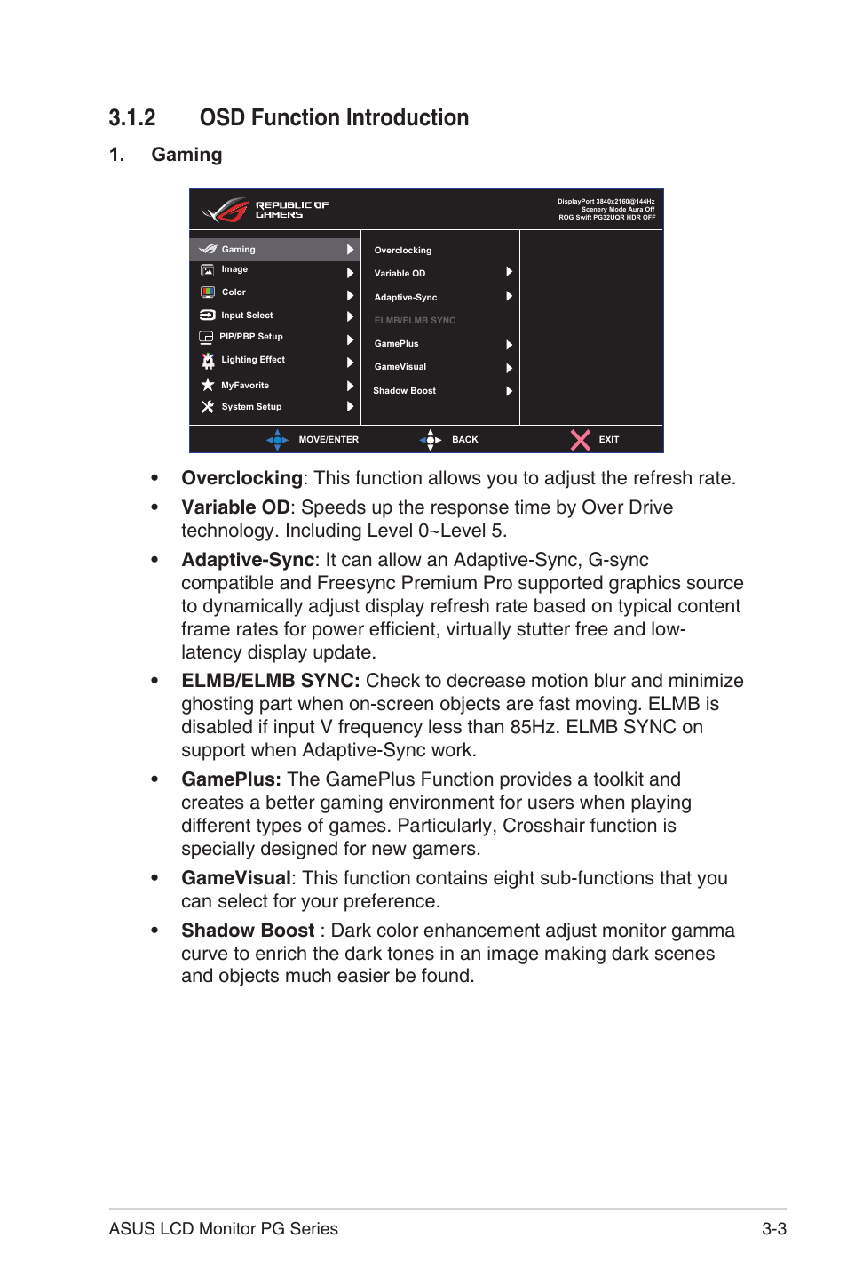 2 osd function introduction, Gaming | Asus Republic of Gamers Swift PG32UQR 32" 4K HDR 144 Hz Gaming Monitor User Manual | Page 20 / 32