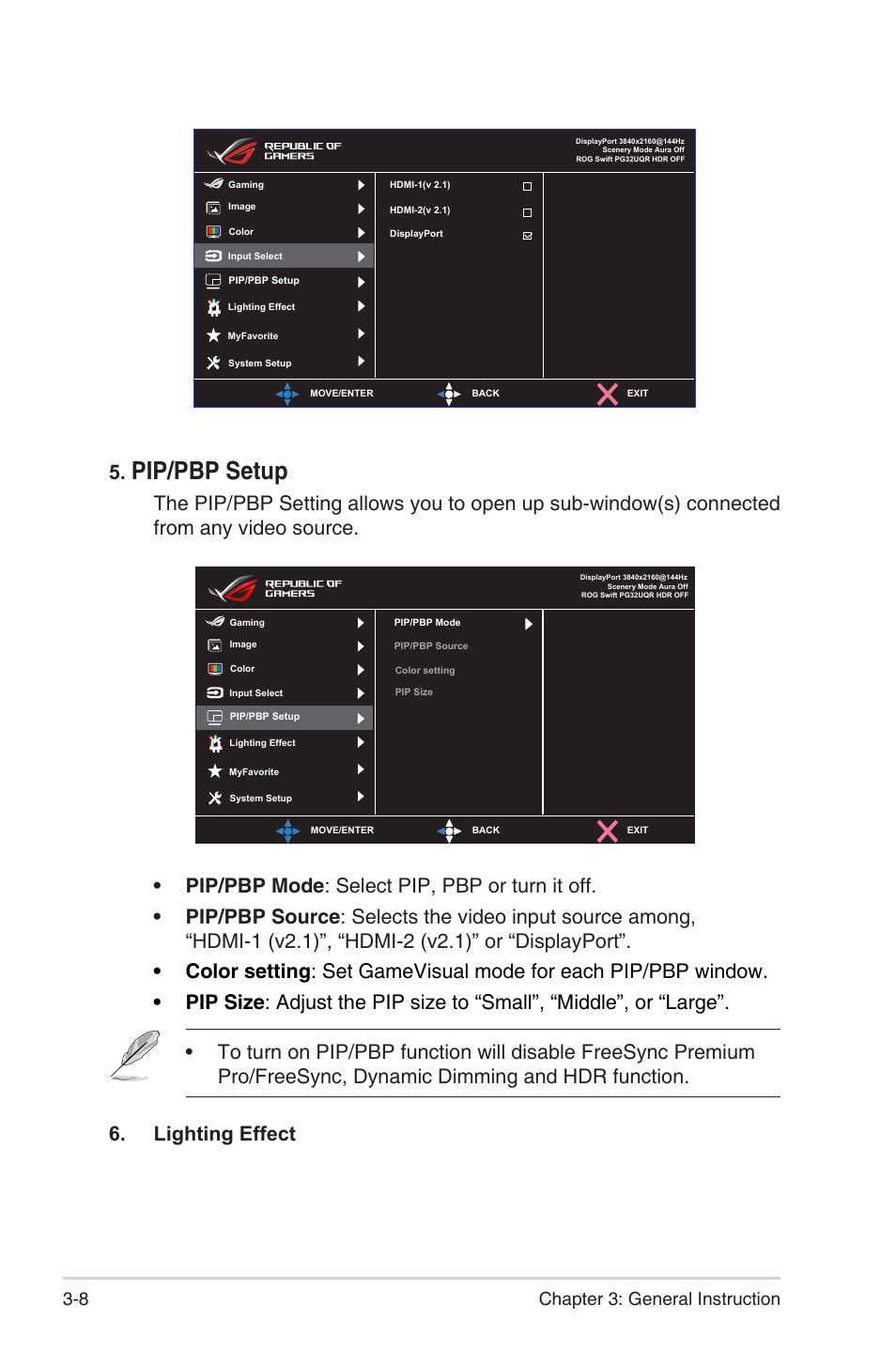 Pip/pbp setup, 8 chapter 3: general instruction | Asus Republic of Gamers Swift PG32UQR 32" 4K HDR 144 Hz Gaming Monitor User Manual | Page 25 / 32