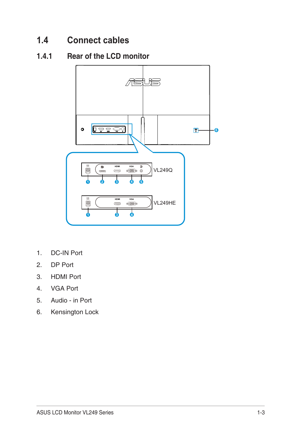 4 connect cables, 1 rear of the lcd monitor, Connect cables -3 | Rear of the lcd monitor -3 | Asus Eye Care VL249HE 23.8" 16:9 Adaptive-Sync/FreeSync IPS Monitor User Manual | Page 10 / 29
