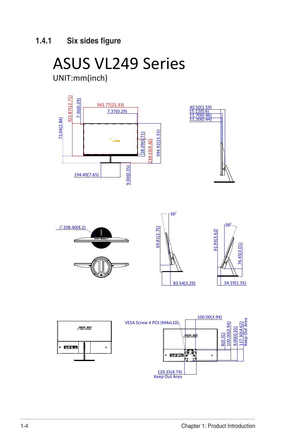1 six sides figure, Six sides figure, Asus vl249 series | Unit:mm(inch) | Asus Eye Care VL249HE 23.8" 16:9 Adaptive-Sync/FreeSync IPS Monitor User Manual | Page 11 / 29