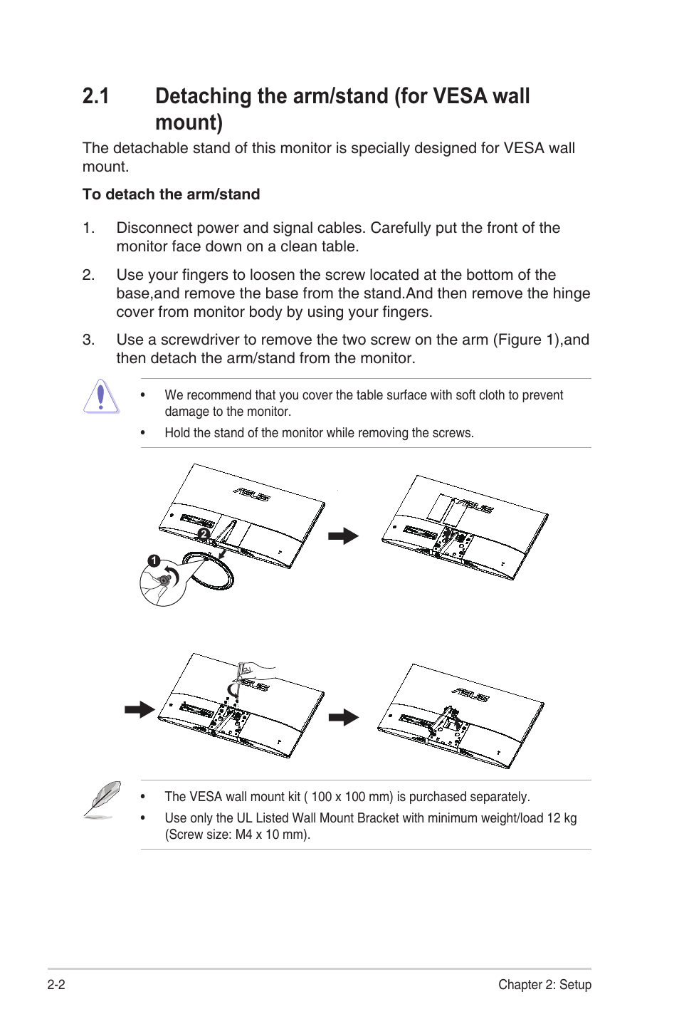 1 detaching the arm/stand (for vesa wall mount), Detaching the arm/stand (for vesa wall mount) | Asus Eye Care VL249HE 23.8" 16:9 Adaptive-Sync/FreeSync IPS Monitor User Manual | Page 14 / 29