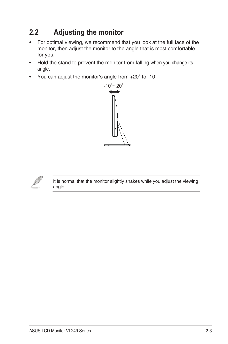 2 adjusting the monitor, Adjusting the monitor -3 | Asus Eye Care VL249HE 23.8" 16:9 Adaptive-Sync/FreeSync IPS Monitor User Manual | Page 15 / 29