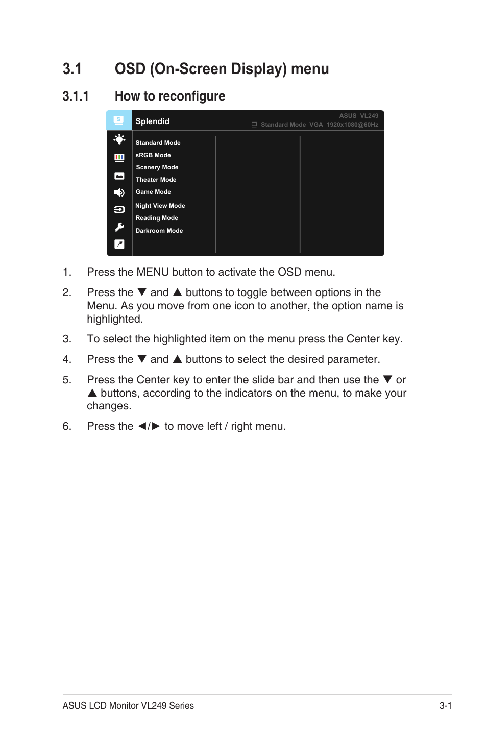 1 osd (on-screen display) menu, 1 how to reconfigure, Osd (on-screen display) menu -1 | How to reconfigure | Asus Eye Care VL249HE 23.8" 16:9 Adaptive-Sync/FreeSync IPS Monitor User Manual | Page 16 / 29