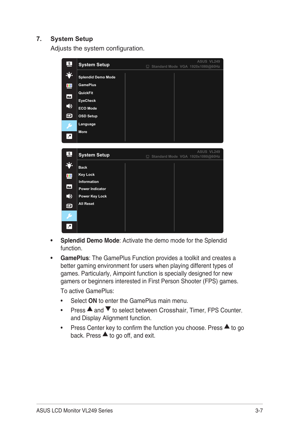 System setup adjusts the system configuration | Asus Eye Care VL249HE 23.8" 16:9 Adaptive-Sync/FreeSync IPS Monitor User Manual | Page 22 / 29