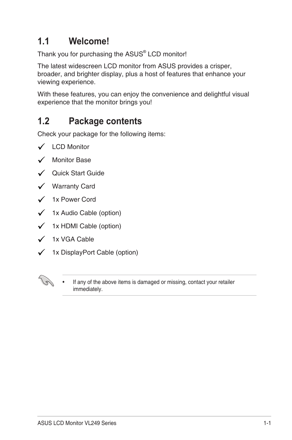 1 welcome, 2 package contents, 1 welcome! -1 1.2 | Package contents -1 | Asus Eye Care VL249HE 23.8" 16:9 Adaptive-Sync/FreeSync IPS Monitor User Manual | Page 8 / 29