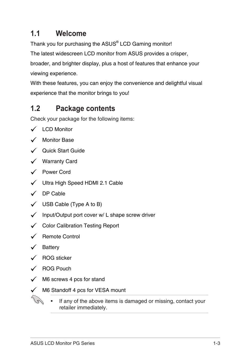 1 welcome, 2 package contents, 1 welcome -3 1.2 | Package contents -3 | Asus 38" ROG Swift 2160p 144 Hz Gaming Monitor User Manual | Page 12 / 45