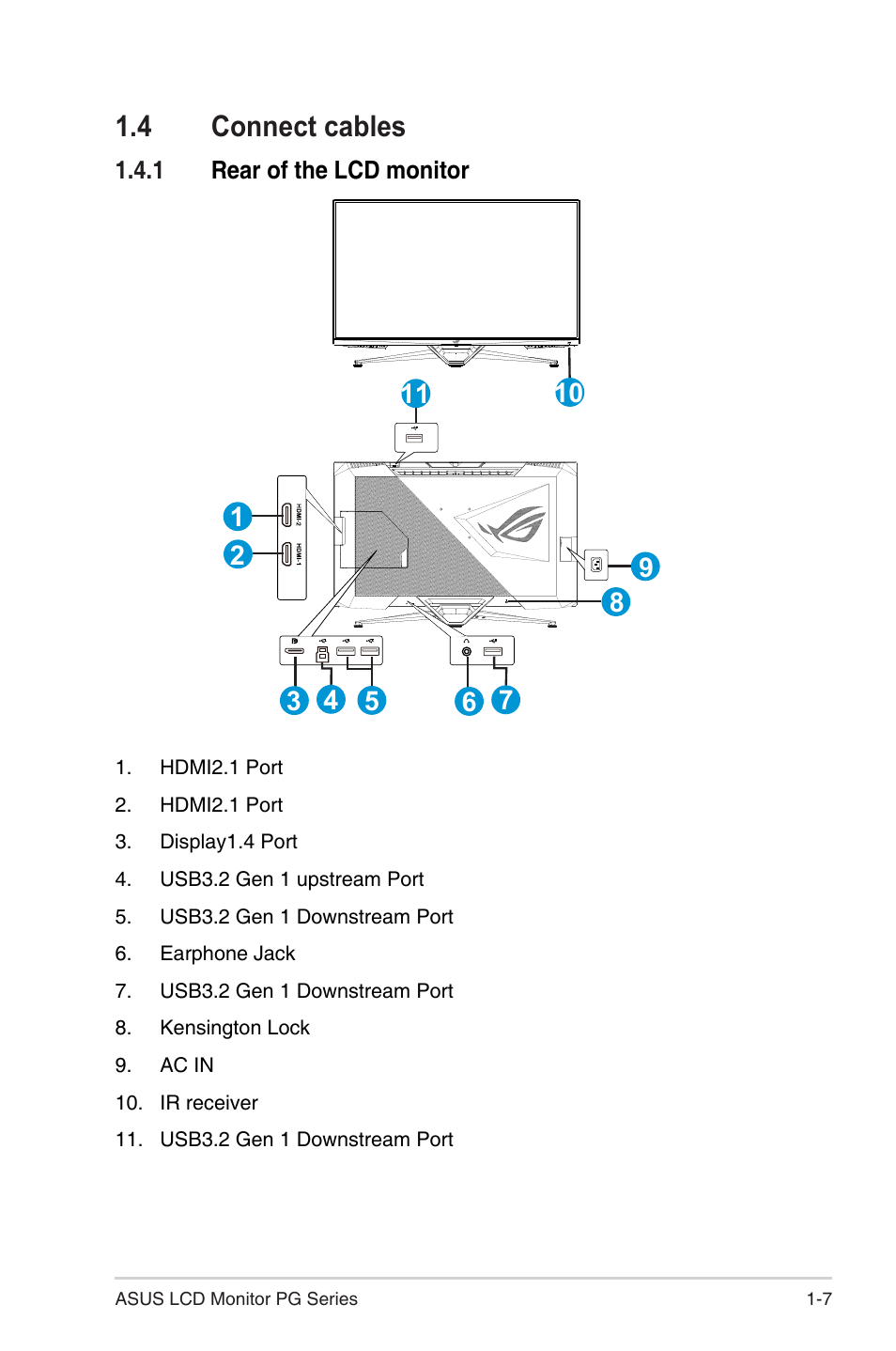 4 connect cables, 1 rear of the lcd monitor, Connect cables -7 | Rear of the lcd monitor -7 | Asus 38" ROG Swift 2160p 144 Hz Gaming Monitor User Manual | Page 16 / 45
