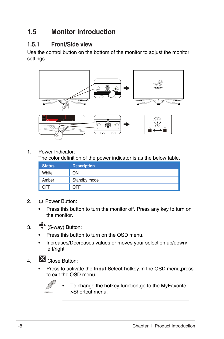 5 monitor introduction, 1 front/side view, Monitor introduction -8 | Front/side view -8, 8 chapter 1: product introduction | Asus 38" ROG Swift 2160p 144 Hz Gaming Monitor User Manual | Page 17 / 45