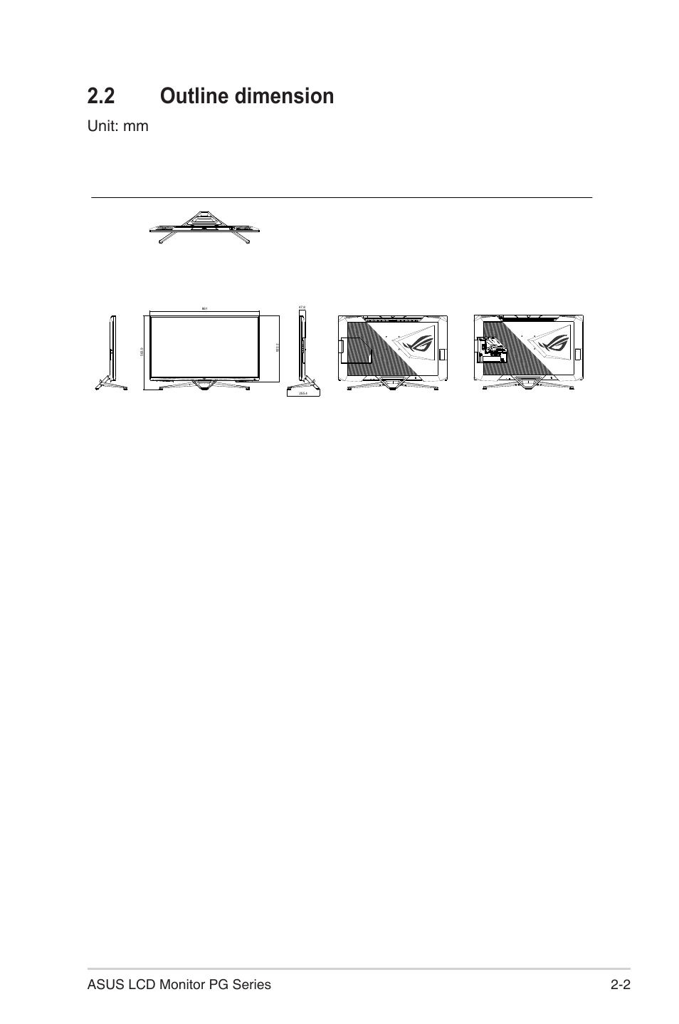 2 outline dimension, Outline dimension -2, Unit: mm | 2 asus lcd monitor pg series | Asus 38" ROG Swift 2160p 144 Hz Gaming Monitor User Manual | Page 19 / 45