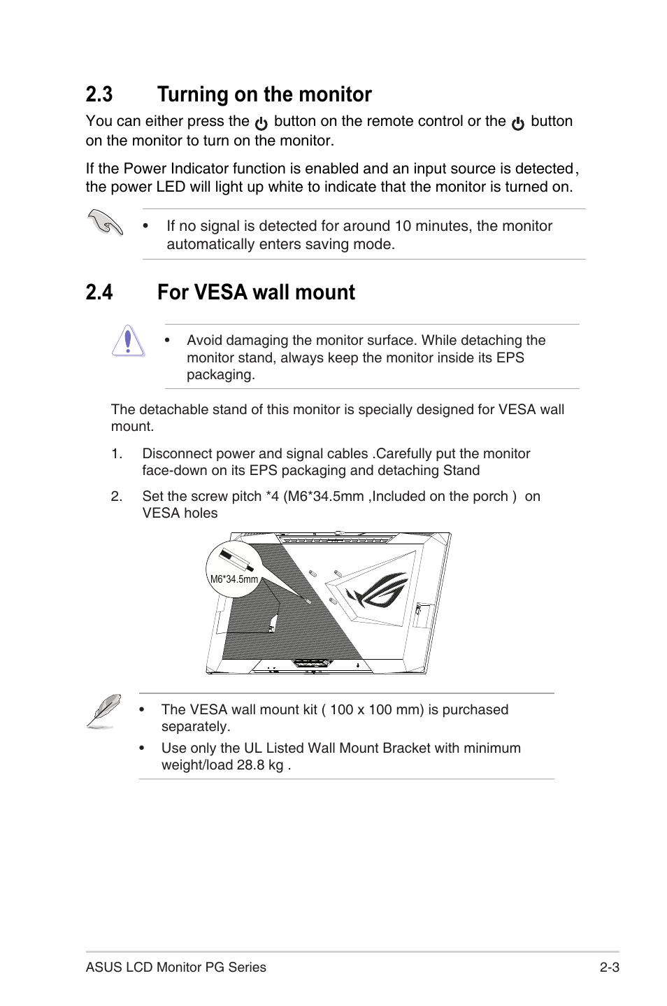 3 turning on the monitor, 4 for vesa wall mount, Turning on the monitor -3 | For vesa wall mount -3 | Asus 38" ROG Swift 2160p 144 Hz Gaming Monitor User Manual | Page 20 / 45