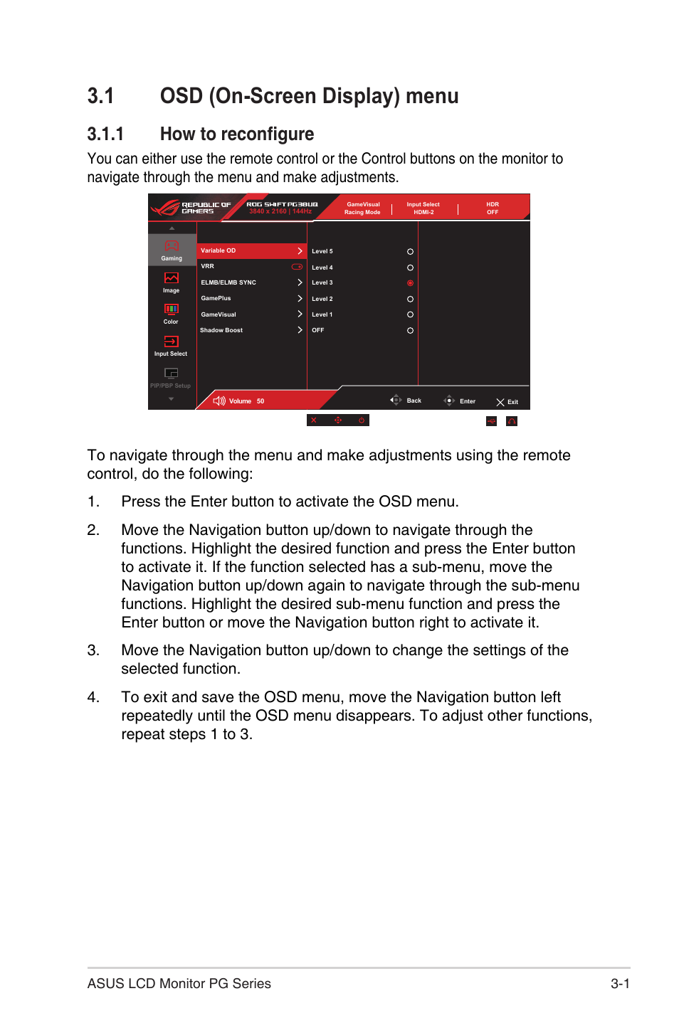 1 osd (on-screen display) menu, 1 how to reconfigure, Osd (on-screen display) menu -1 | How to reconfigure, 1 asus lcd monitor pg series | Asus 38" ROG Swift 2160p 144 Hz Gaming Monitor User Manual | Page 21 / 45