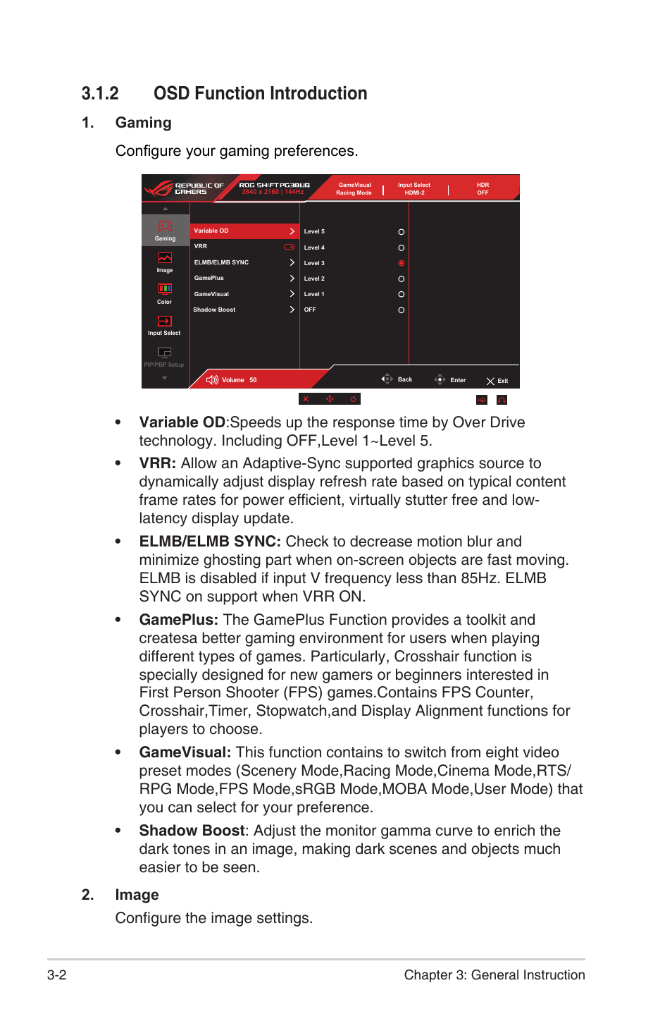 2 osd function introduction, Osd function introduction -2, Gaming configure your gaming preferences | 2 chapter 3: general instruction | Asus 38" ROG Swift 2160p 144 Hz Gaming Monitor User Manual | Page 22 / 45