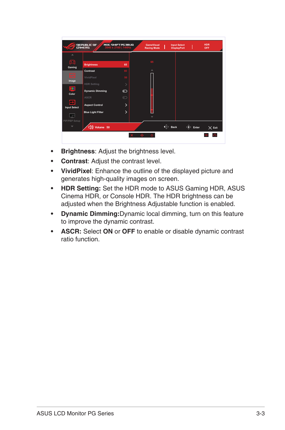 3 asus lcd monitor pg series | Asus 38" ROG Swift 2160p 144 Hz Gaming Monitor User Manual | Page 23 / 45