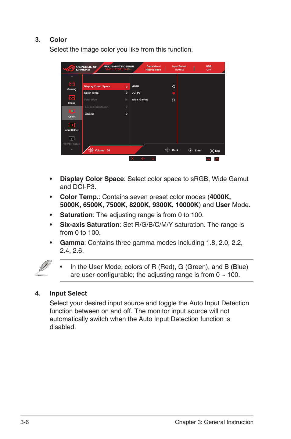 6 chapter 3: general instruction | Asus 38" ROG Swift 2160p 144 Hz Gaming Monitor User Manual | Page 26 / 45