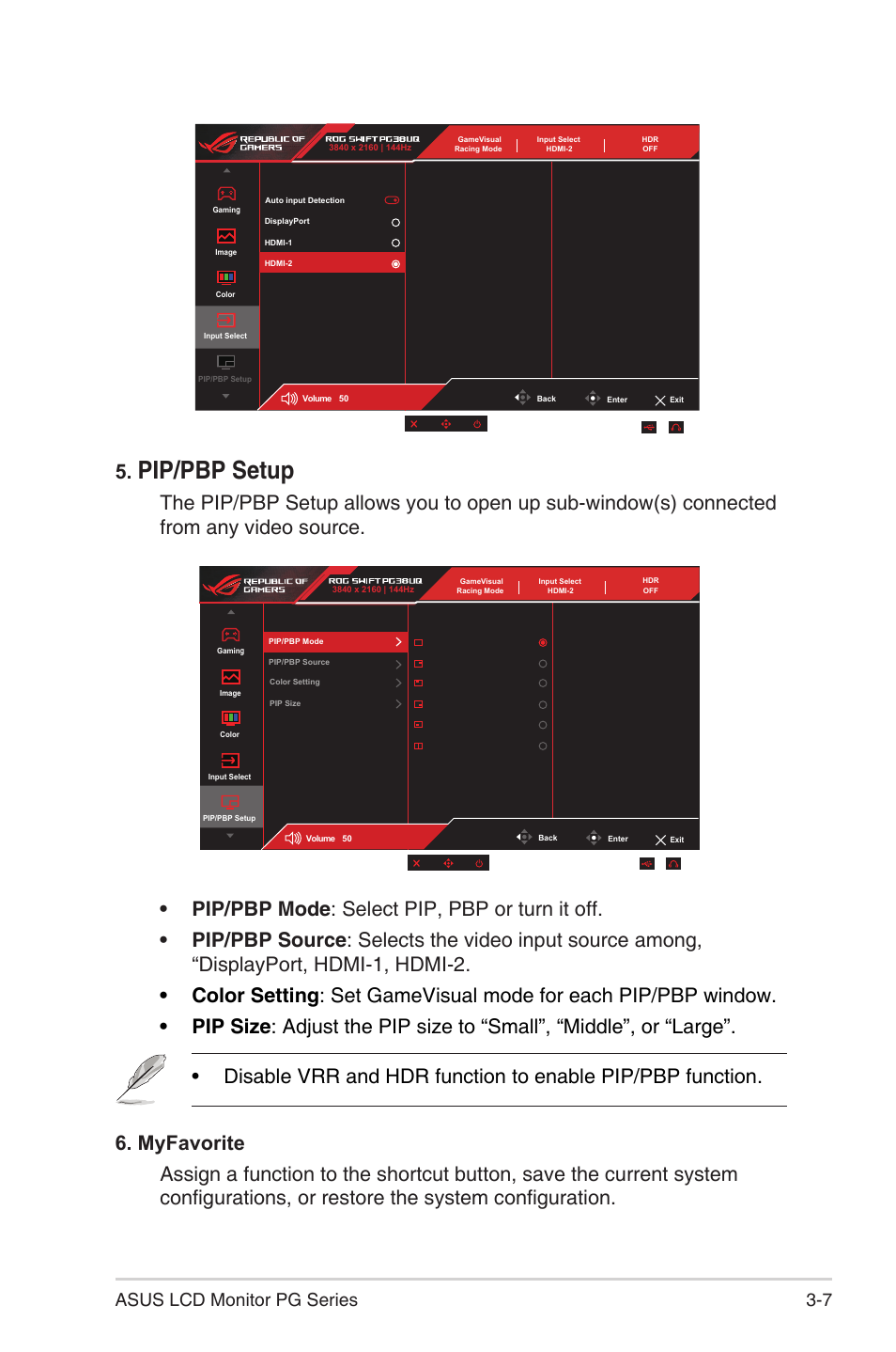 Pip/pbp setup, Myfavorite, Pip/pbp setup -7 | Myfavorite -7, 7 asus lcd monitor pg series | Asus 38" ROG Swift 2160p 144 Hz Gaming Monitor User Manual | Page 27 / 45