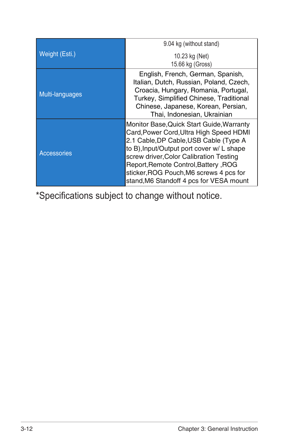 Specifications subject to change without notice | Asus 38" ROG Swift 2160p 144 Hz Gaming Monitor User Manual | Page 32 / 45