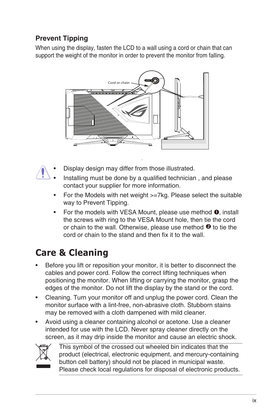 Care & cleaning | Asus 38" ROG Swift 2160p 144 Hz Gaming Monitor User Manual | Page 9 / 45