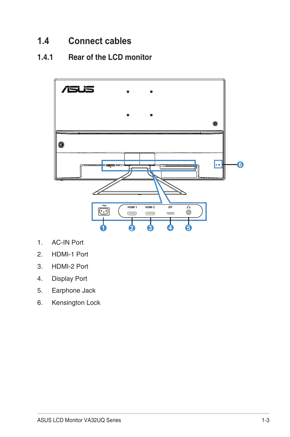 4 connect cables, 1 rear of the lcd monitor, Connect cables -3 | Rear of the lcd monitor -3 | Asus VA32UQ 31.5" 16:9 4K HDR Adaptive-Sync VA Monitor User Manual | Page 10 / 28