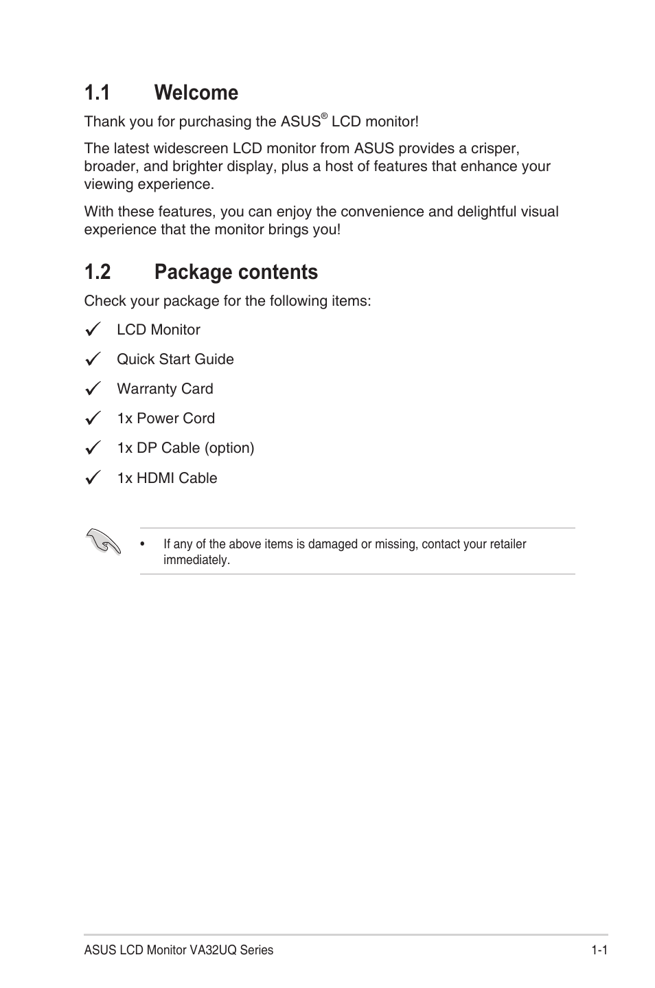 1 welcome, 2 package contents, 1 welcome -1 1.2 | Package contents -1 | Asus VA32UQ 31.5" 16:9 4K HDR Adaptive-Sync VA Monitor User Manual | Page 8 / 28