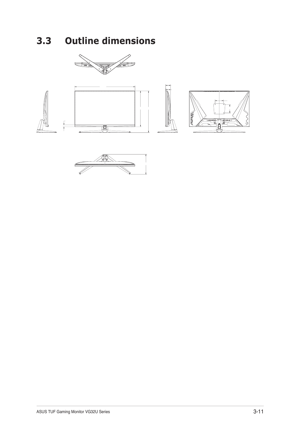 3 outline dimensions, Outline dimensions -11 | Asus TUF Gaming VG32UQA1A 31.5" 4K HDR 160 Hz Gaming Monitor User Manual | Page 27 / 29