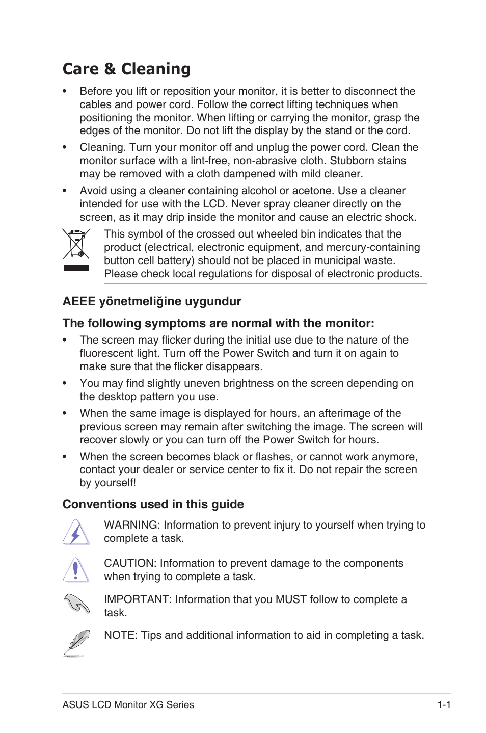 Care & cleaning | Asus Republic of Gamers Strix 29.5" HDR10 220 Hz Gaming Monitor User Manual | Page 9 / 31