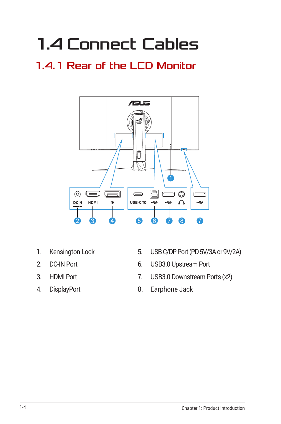 4 connect cables, 1 rear of the lcd monitor, 4 connect cables -4 | 1 rear of the lcd monitor -4 | Asus ROG Strix XG349C 34" 21:9 Ultrawide Curved IPS Gaming Monitor User Manual | Page 14 / 37