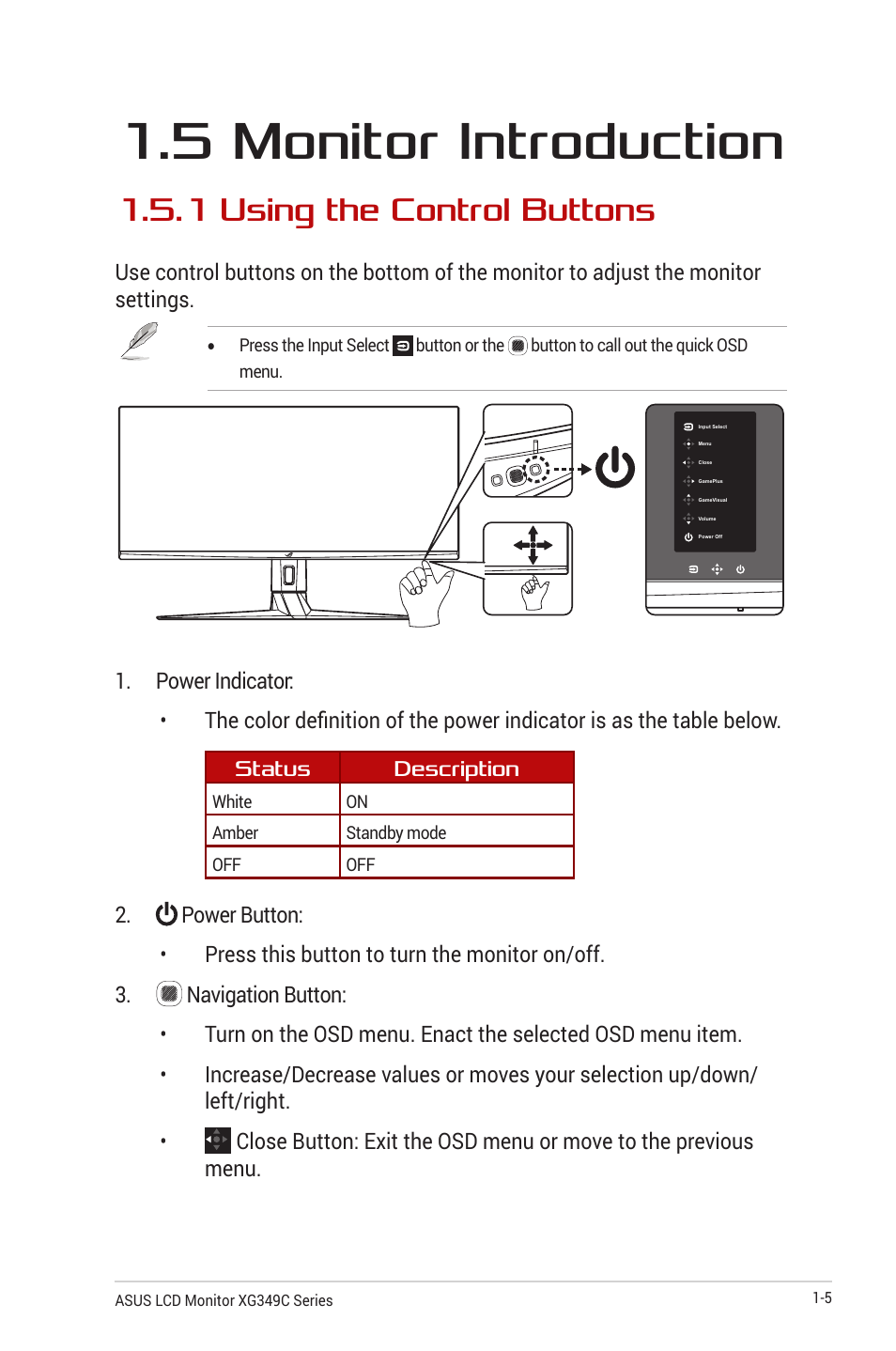 5 monitor introduction, 1 using the control buttons, 5 monitor introduction -5 | 1 using the control buttons -5 | Asus ROG Strix XG349C 34" 21:9 Ultrawide Curved IPS Gaming Monitor User Manual | Page 15 / 37