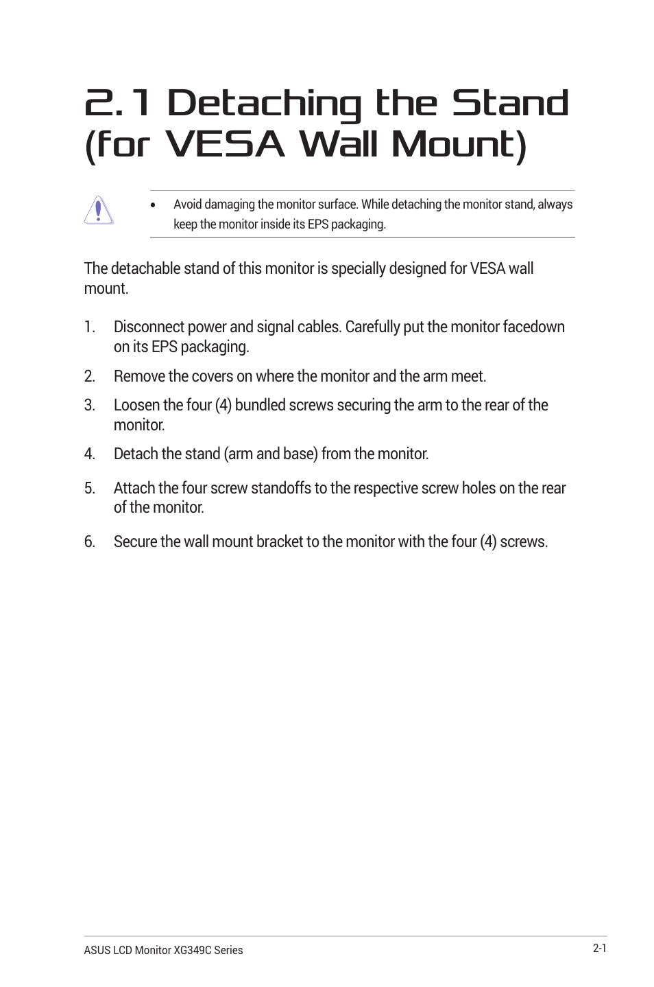 1 detaching the stand (for vesa wall mount), 1 detaching the stand (for vesa wall mount) -1 | Asus ROG Strix XG349C 34" 21:9 Ultrawide Curved IPS Gaming Monitor User Manual | Page 20 / 37