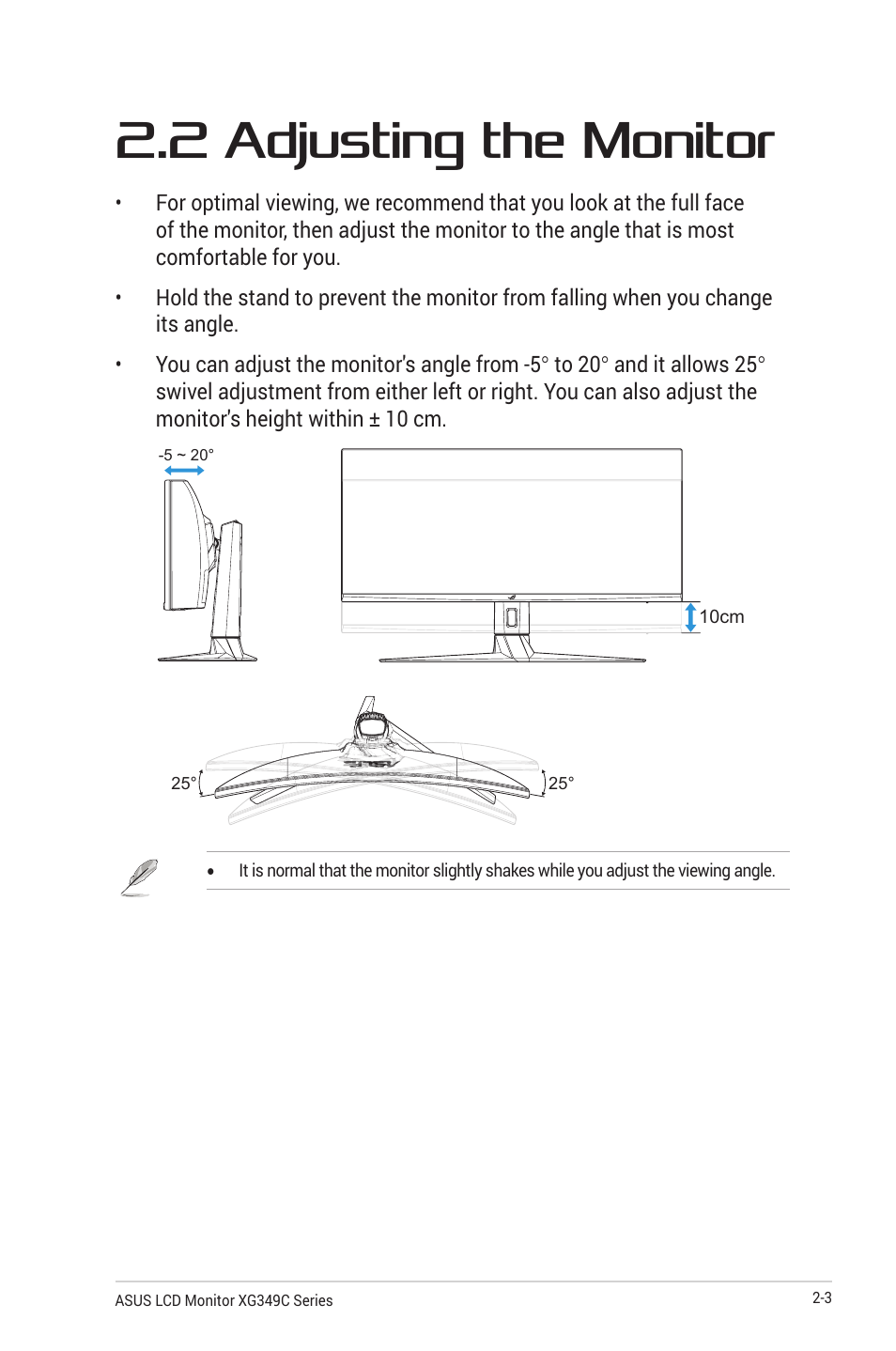 2 adjusting the monitor, 2 adjusting the monitor -3 | Asus ROG Strix XG349C 34" 21:9 Ultrawide Curved IPS Gaming Monitor User Manual | Page 22 / 37