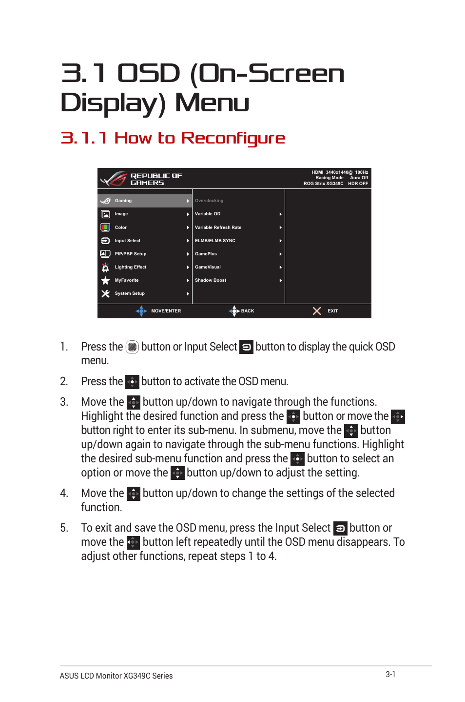1 osd (on-screen display) menu, 1 how to reconfigure, 1 osd (on-screen display) menu -1 | 1 how to reconfigure -1 | Asus ROG Strix XG349C 34" 21:9 Ultrawide Curved IPS Gaming Monitor User Manual | Page 23 / 37