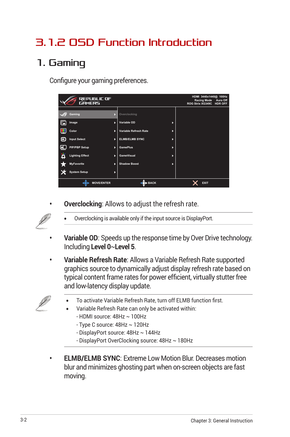 2 osd function introduction, 2 osd function introduction -2, Gaming | Configure your gaming preferences, Overclocking : allows to adjust the refresh rate | Asus ROG Strix XG349C 34" 21:9 Ultrawide Curved IPS Gaming Monitor User Manual | Page 24 / 37