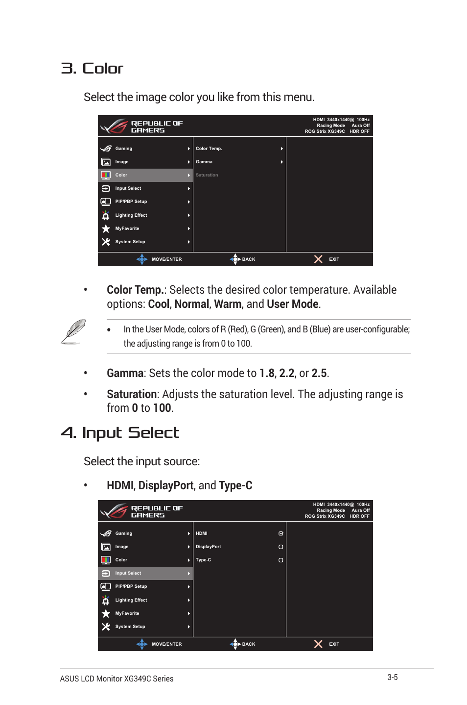 Color, Input select, Select the image color you like from this menu | Asus ROG Strix XG349C 34" 21:9 Ultrawide Curved IPS Gaming Monitor User Manual | Page 27 / 37