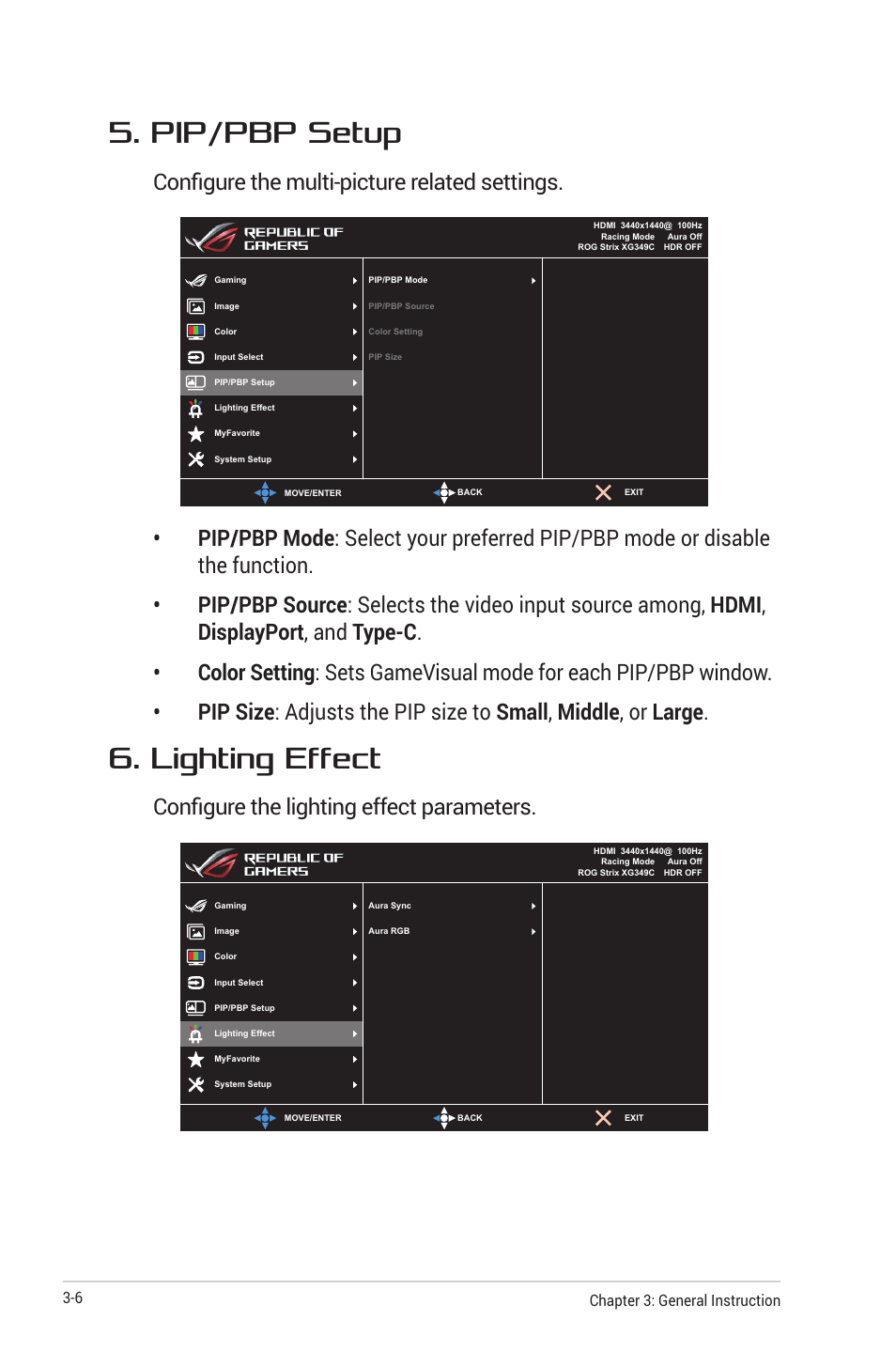 Pip/pbp setup, Lighting effect, Configure the multi-picture related settings | Configure the lighting effect parameters | Asus ROG Strix XG349C 34" 21:9 Ultrawide Curved IPS Gaming Monitor User Manual | Page 28 / 37