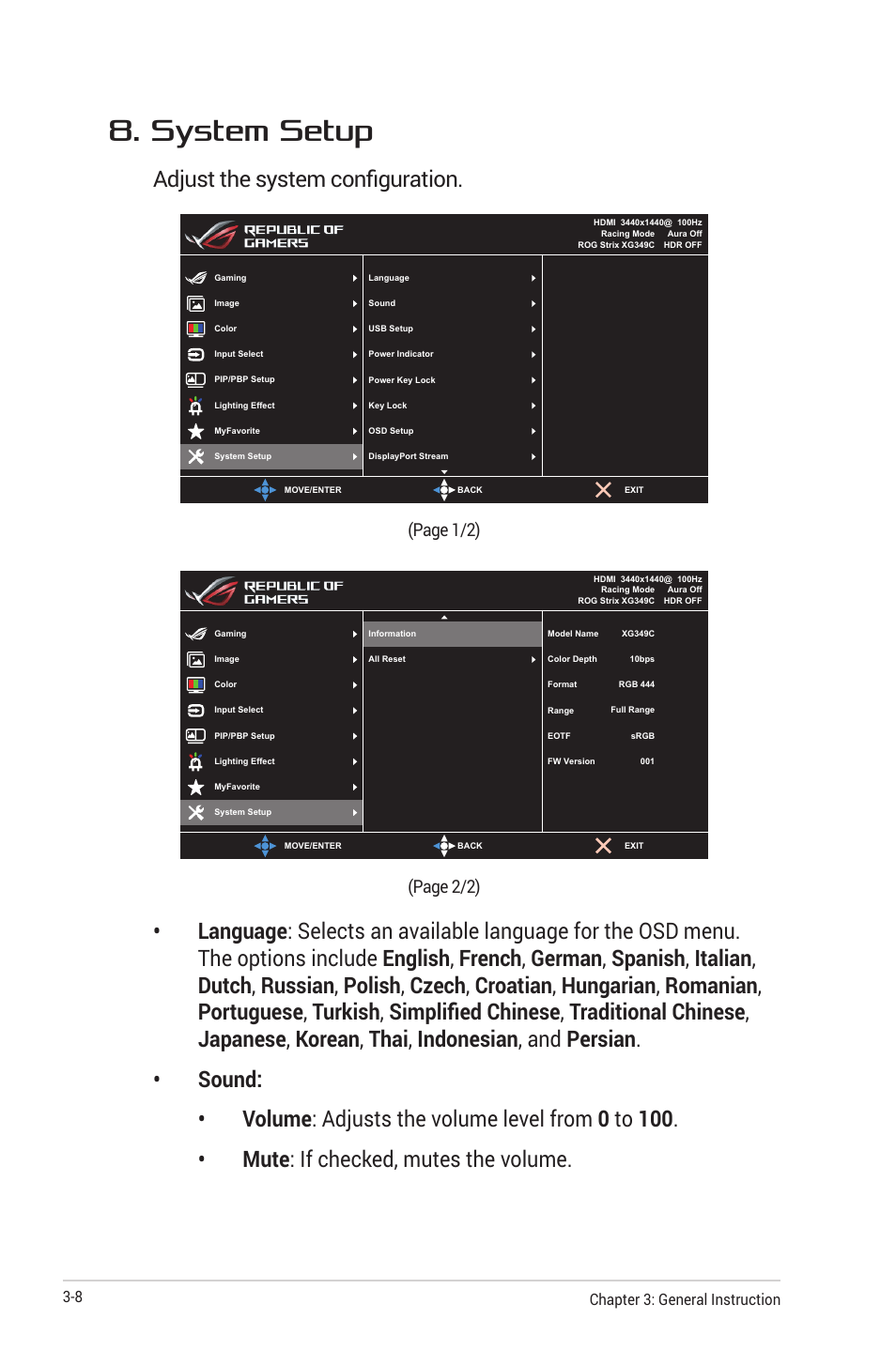 System setup, Adjust the system configuration | Asus ROG Strix XG349C 34" 21:9 Ultrawide Curved IPS Gaming Monitor User Manual | Page 30 / 37