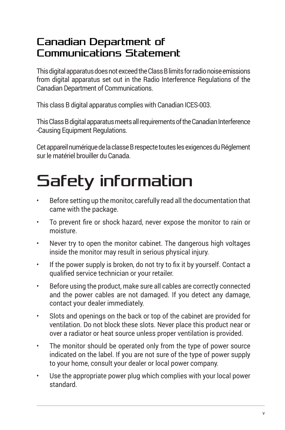 Safety information, Canadian department of communications statement | Asus ROG Strix XG349C 34" 21:9 Ultrawide Curved IPS Gaming Monitor User Manual | Page 5 / 37