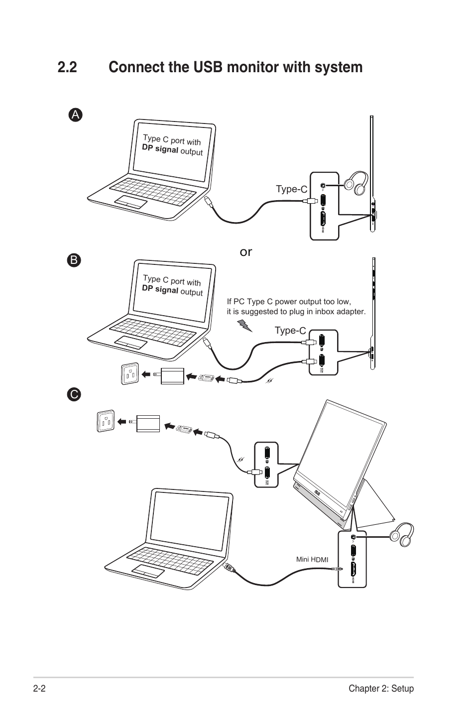 2 connect the usb monitor with system, Connect the usb monitor with system -2 | Asus ZenScreen OLED 15.6" HDR Portable Monitor User Manual | Page 12 / 28