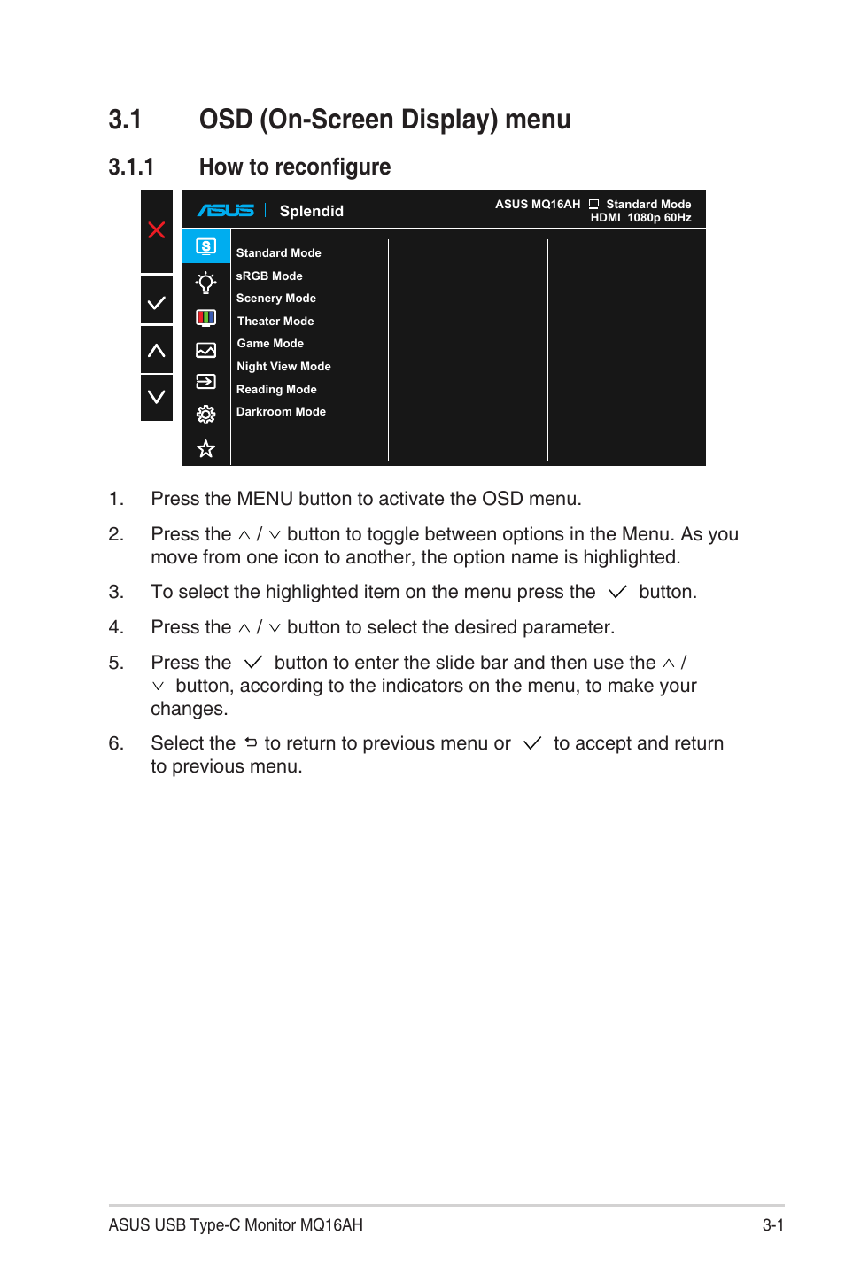 1 osd (on-screen display) menu, 1 how to reconfigure, Osd (on-screen display) menu -1 | How to reconfigure | Asus ZenScreen OLED 15.6" HDR Portable Monitor User Manual | Page 15 / 28