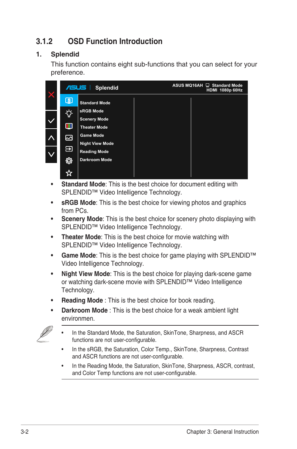 2 osd function introduction, Osd function introduction -2 | Asus ZenScreen OLED 15.6" HDR Portable Monitor User Manual | Page 16 / 28