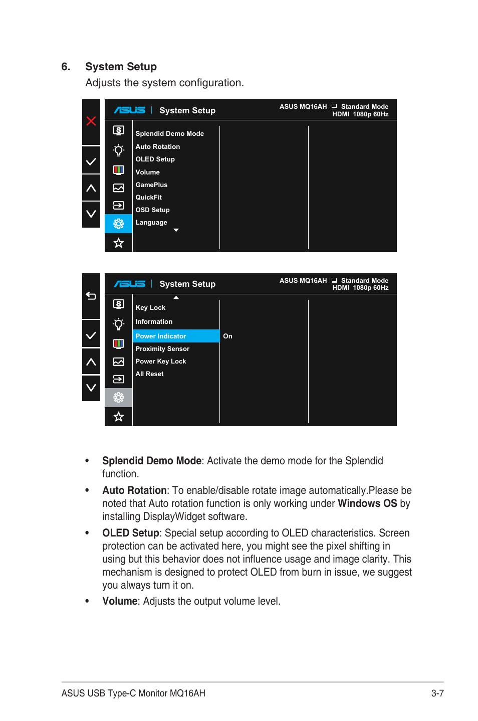 System setup adjusts the system configuration | Asus ZenScreen OLED 15.6" HDR Portable Monitor User Manual | Page 21 / 28